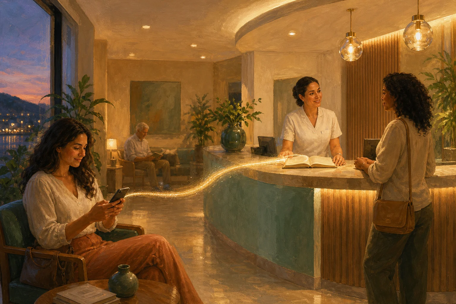 Recepção de clínica atendendo pacientes no início da noite